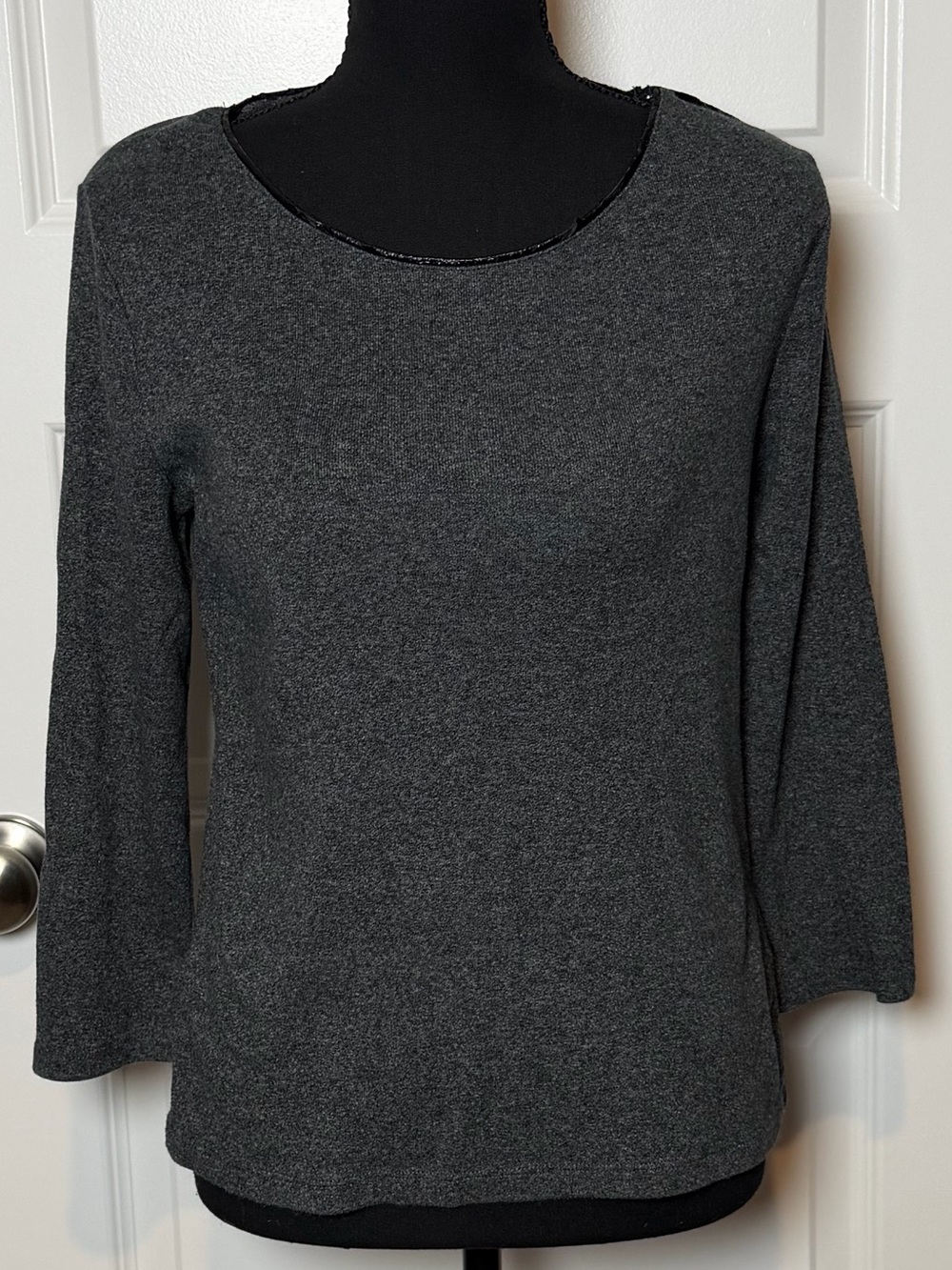 Rafaella Gray Knit 3/4 Sleeve Sweater Top with Faux Leather Trim | Medium